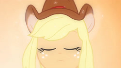 Size: 3410x1920 | Tagged: safe, imported from derpibooru, screencap, applejack, human, equestria girls, equestria girls (movie), cowboy hat, eyes closed, fall formal outfits, female, hat, high res, ponied up, solo