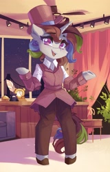 Size: 2618x4096 | Tagged: safe, artist:saxopi, imported from derpibooru, oc, oc only, semi-anthro, unicorn, bridge, ceiling fan, ceiling light, chair, clothes, inkwell, quill, solo, window