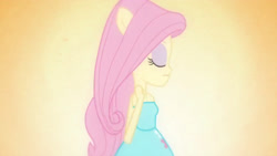 Size: 3410x1920 | Tagged: safe, imported from derpibooru, screencap, fluttershy, human, equestria girls, equestria girls (movie), bare shoulders, clothes, cutie mark on clothes, eyes closed, fall formal outfits, female, high res, ponied up, sleeveless, solo, strapless