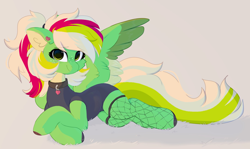 Size: 1836x1094 | Tagged: safe, artist:little-sketches, imported from derpibooru, oc, oc only, oc:gumdrops, pegasus, pony, beige background, clothes, collar, colored ear fluff, colored hooves, colored wings, ear fluff, ear piercing, earring, female, fishnets, freckles, green coat, green eyes, heart, heart collar, heart earring, jewelry, looking at you, lying down, mare, multicolored wings, pegasus oc, piercing, simple background, smiling, smiling at you, solo, spread wings, swimsuit, tail, two toned tail, wings