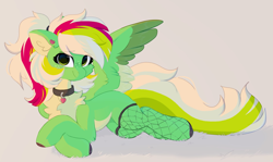 Size: 1836x1094 | Tagged: safe, artist:little-sketches, imported from derpibooru, oc, oc only, oc:gumdrops, pegasus, pony, beige background, chest fluff, clothes, collar, colored ear fluff, colored hooves, colored wings, ear fluff, ear piercing, earring, female, fishnets, freckles, green coat, green eyes, heart, heart collar, heart earring, jewelry, looking at you, lying down, mare, multicolored wings, pale belly, pegasus oc, piercing, simple background, smiling, smiling at you, solo, spread wings, tail, two toned tail, wings