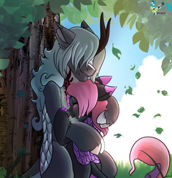 Size: 1161x1200 | Tagged: safe, artist:brainiac, imported from derpibooru, oc, oc only, oc:december, oc:love letters, kirin, collar, cuddling, cute, face in floof, female, hug, leaves, male, mare, ocbetes, shipping, snuggling, solo, stallion, tree, under the tree