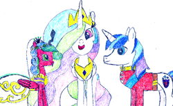 Size: 500x307 | Tagged: safe, artist:ewxep, imported from derpibooru, princess cadance, princess celestia, queen chrysalis, shining armor, alicorn, changeling, changeling queen, pony, unicorn, canterlot wedding 10th anniversary, clothes, colored pencil drawing, dress, fake, fake cadance, faker than a three dollar bill, female, lowres, male, simple background, traditional art, trio, uniform, wedding dress, white background