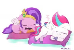 Size: 1992x1356 | Tagged: safe, artist:aceslingerexo, imported from derpibooru, pipp petals, zipp storm, pegasus, pony, adorapipp, adorazipp, colored wings, crown, cute, duo, duo female, eyebrows, female, filly, filly pipp petals, filly zipp storm, floppy ears, folded wings, g5, jewelry, lying down, multicolored wings, my little pony: tell your tale, onomatopoeia, open mouth, pillow, prone, regalia, royal sisters (g5), siblings, signature, simple background, sisters, sleeping, sound effects, white background, wings, younger, zzz