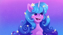 Size: 3685x2073 | Tagged: safe, artist:saphypone, imported from derpibooru, izzy moonbow, pony, unicorn, abstract background, blushing, chest fluff, cute, female, flower, flower in hair, g5, happy, high res, izzybetes, mare, open mouth, open smile, simple background, smiling, solo