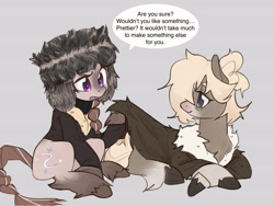 Size: 4000x3000 | Tagged: safe, artist:rirurirue, imported from derpibooru, oc, oc only, oc:boreal blanket, oc:bundle up, pony, clothes, coat, crossed hooves, dialogue, duo, female, fluffy, frog (hoof), gray background, hat, lying down, mare, prone, simple background, sitting, snowpony (species), speech bubble, sweater, taiga pony, turtleneck, underhoof, unshorn fetlocks, ushanka, yakutian horse