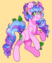 Size: 2259x2699 | Tagged: safe, artist:cocopudu, imported from derpibooru, oc, oc only, pony, unicorn, bandaid, commission, female, leaves, mare, simple background, smiling, solo, yellow background