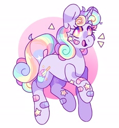 Size: 2521x2717 | Tagged: safe, artist:cocopudu, imported from derpibooru, oc, oc only, pony, unicorn, abstract background, bandaid, commission, female, mare, multicolored hair, open mouth, open smile, rainbow hair, smiling, solo, white background
