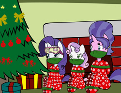 Size: 1280x984 | Tagged: safe, artist:reimon-master-ii, imported from derpibooru, cookie crumbles, rarity, sweetie belle, anthro, unicorn, bondage, christmas, christmas presents, christmas tree, cloth gag, clothes, fireplace, footed sleeper, footie pajamas, gag, help us, holiday, living room, onesie, over the nose gag, pajamas, present, sad, sleep mask, tied up, tree, upset, worried