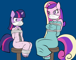 Size: 1280x1010 | Tagged: safe, artist:reimon-master-ii, imported from derpibooru, princess cadance, twilight sparkle, alicorn, anthro, unicorn, babysitting, big breasts, bondage, bound and gagged, bound wings, breasts, busty princess cadance, cloth gag, clothes, colored pupils, footed sleeper, footie pajamas, furry, gag, help us, nightgown, onesie, over the nose gag, pajamas, sisters-in-law, sleepover, slippers, slumber party, tied to chair, tied up, wings