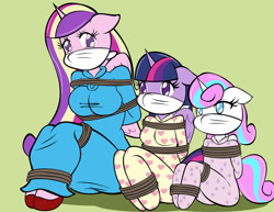 Size: 1280x988 | Tagged: safe, artist:reimon-master-ii, imported from derpibooru, princess cadance, princess flurry heart, twilight sparkle, alicorn, anthro, ass, big breasts, bondage, bound and gagged, bound wings, breasts, busty princess cadance, busty twilight sparkle, butt, cloth gag, clothes, colored pupils, footed sleeper, footie pajamas, furry, gag, help us, knee tied, nightgown, older, onesie, over the nose gag, pajamas, sleepover, slippers, slumber party, tied up, twilight sparkle (alicorn), wings