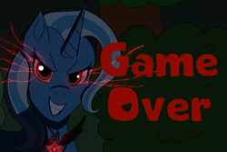 Size: 1620x1080 | Tagged: safe, artist:lullabyjak, imported from derpibooru, trixie, pony, unicorn, magic duel, alicorn amulet, commission, evil trixie, female, game over, glare, glowing, glowing eyes, grin, looking at you, mare, smiling, smirk, solo
