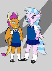 Size: 1280x1758 | Tagged: safe, artist:reimon-master-ii, imported from derpibooru, silverstream, smolder, anthro, dragon, hippogriff, clothes, cute, diastreamies, dragon tail, dragoness, duo, female, happy, looking at you, miniskirt, school uniform, skirt, smiling, smiling at you, smolderbetes, tail, uniform, wings