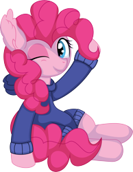 Size: 5742x7392 | Tagged: safe, artist:cyanlightning, imported from derpibooru, pinkie pie, earth pony, pony, .svg available, absurd resolution, clothes, female, hoodie, looking at you, mare, one eye closed, simple background, smiling, solo, transparent background, vector, wink