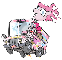 Size: 668x645 | Tagged: safe, artist:jargon scott, imported from derpibooru, pinkie pie, earth pony, pony, bag, clown, clown nose, female, grin, gun, hand puppet, ice cream truck, machine gun, mare, paper bag, red nose, simple background, smiling, solo, sweet tooth (twisted metal), truck, twisted metal, weapon, white background