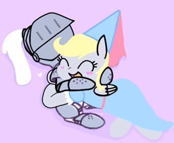 Size: 692x567 | Tagged: safe, artist:darlycatmake, edit, edited screencap, imported from derpibooru, screencap, derpy hooves, pegasus, pony, blushing, clothes, dress, dressup, eyes closed, happy, hat, heart, hennin, hug, hugging a pony, knight, knight rescues the princess, masked, open mouth, princess, princess derpy, purple background, rescue, save derpy, simple background, smiling, unknown pony