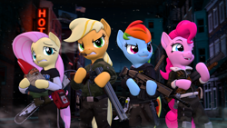 Size: 3840x2160 | Tagged: safe, artist:owlpirate, imported from derpibooru, applejack, fluttershy, pinkie pie, rainbow dash, earth pony, gnome, pegasus, semi-anthro, 3d, 3k, ammunition, assault rifle, chainsaw, cigar, city, clothes, double barreled shotgun, female, frown, garden gnome, grenade launcher, grin, gritted teeth, gun, handgun, jacket, katana, left 4 dead, mare, medkit, molotov cocktail, night, open mouth, open smile, pants, pill bottle, pipe bomb, pistol, reloading, rifle, shotgun, shotgun shell, smiling, source filmmaker, sword, teeth, weapon