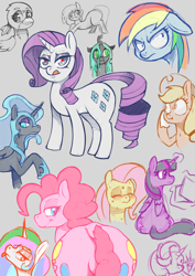 Size: 2480x3508 | Tagged: safe, artist:wild-thunder06, imported from derpibooru, applejack, fluttershy, gabby, nightmare moon, pinkie pie, princess celestia, queen chrysalis, rainbow dash, rarity, starlight glimmer, twilight sparkle, alicorn, changeling, changeling queen, earth pony, griffon, pegasus, pony, unicorn, balloonbutt, butt, ethereal mane, eyeshadow, female, floppy ears, folded wings, frown, gray background, high res, lidded eyes, makeup, mare, plot, raised hoof, reading, simple background, sketch, smiling, sweat, tongue out, twibutt, twilight sparkle (alicorn), wings