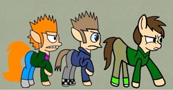 Size: 720x373 | Tagged: safe, artist:darlycatmake, imported from derpibooru, pony, angry, edd gould (eddsworld), eddsworld, fight, friday night funkin', glare, looking at someone, looking at something, male, matt (eddsworld), ponified, ready to fight, reference, reference to another series, serious, serious face, stop right there criminal scum, tom (eddsworld), trio, trio male, wtf, wtf face