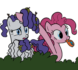 Size: 4000x3580 | Tagged: safe, edit, edited screencap, imported from derpibooru, screencap, pinkie pie, rarity, earth pony, pony, unicorn, bridle gossip, :p, bush, duo, duo female, everfree forest, female, hairity, leaf, long hoof, not a vector, rarara, simple background, spitty pie, tongue out, transparent background