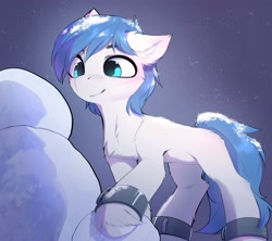 Size: 4000x3549 | Tagged: safe, artist:magnaluna, imported from derpibooru, oc, oc only, oc:crystal shard, earth pony, pony, blue eyes, blue mane, blue tail, blushing, chest fluff, commission, cuffs, ear fluff, earth pony oc, fluffy, full body, shackles, snow, solo, tail, unshorn fetlocks, white coat