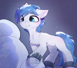 Size: 4000x3549 | Tagged: safe, alternate version, artist:magnaluna, imported from derpibooru, oc, oc only, oc:crystal shard, crystal pony, pony, blue eyes, blue mane, blue tail, blushing, chest fluff, commission, crystal pony oc, cuffs, ear fluff, fluffy, full body, shackles, snow, solo, tail, unshorn fetlocks, white coat