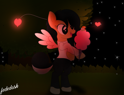 Size: 2407x1840 | Tagged: safe, artist:fededash, imported from derpibooru, oc, oc only, oc:fededash, oc:pandauwu, pegasus, candy, heart eyes, macro/micro, night, pegasus oc, tree, wingding eyes