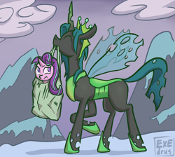 Size: 2616x2343 | Tagged: safe, artist:exedrus, derpibooru exclusive, imported from derpibooru, queen chrysalis, starlight glimmer, changeling, changeling queen, pony, unicorn, the ending of the end, bag, canterlot wedding 10th anniversary, cloud, duo, duo female, eyes closed, female, frown, happy, high res, insect wings, mare, mountain, mouth hold, prancing, raised hoof, side view, signature, smiling, snow, spread wings, ultimate chrysalis, wings