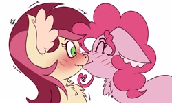 Size: 2500x1500 | Tagged: safe, artist:draconightmarenight, imported from derpibooru, pinkie pie, roseluck, earth pony, pony, blushing, chest fluff, colored sketch, crack shipping, cute, duo, female, floppy ears, fur, g4, kiss on the lips, kissing, lesbian, monthly reward, rosepie, shipping, simple background, trembling, white background