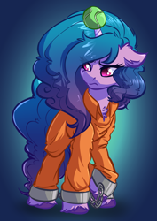 Size: 2838x4000 | Tagged: safe, artist:witchtaunter, imported from derpibooru, izzy moonbow, pony, unicorn, ball, clothes, commission, cuffed, cuffs, g5, horn, hornball, izzy's tennis ball, never doubt rainbowdash69's involvement, prison outfit, prisoner, prisoner im, shackles, solo, tennis ball