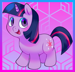 Size: 1159x1114 | Tagged: safe, artist:relighted, imported from derpibooru, twilight sparkle, pony, unicorn, colorful, eyestrain warning, female, filly, filly twilight sparkle, foal, full body, full color, fully shaded, gradient, gradient background, mare, solo, unicorn twilight, younger