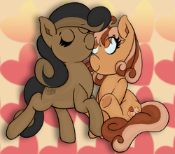 Size: 2827x2493 | Tagged: safe, artist:botckap, derpibooru exclusive, imported from derpibooru, oc, oc:dust ball, oc:tiramisu, earth pony, pony, abstract background, cuddling, cute, duo, looking up, photo, sitting, smiling