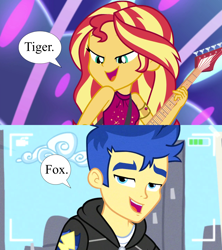 Size: 1920x2160 | Tagged: safe, edit, edited screencap, imported from derpibooru, screencap, flash sentry, sunset shimmer, human, best trends forever, equestria girls, equestria girls series, spring breakdown, spoiler:eqg series (season 2), bedroom eyes, camera, electric guitar, female, flashimmer, guitar, male, musical instrument, nickname, shipping, shipping domino, speech bubble, straight