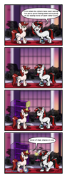 Size: 2359x6250 | Tagged: safe, artist:memprices, imported from derpibooru, oc, oc:blackjack, oc:page turner, unicorn, fallout equestria, fallout equestria: project horizons, absurd resolution, bonk, book, bookshelf, comic, commission, horn, magic, newspaper, one eye closed, pipboy, smiling, speech bubble, talking, unicorn oc, watermark, wink