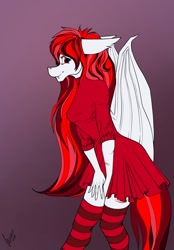 Size: 820x1180 | Tagged: safe, artist:stirren, imported from derpibooru, oc, oc only, anthro, bat pony, bat pony oc, clothes, commission, dress, ears back, long hair, looking at you, pose, red dress, simple background, skirt, socks, solo, striped socks, ych result, your character here