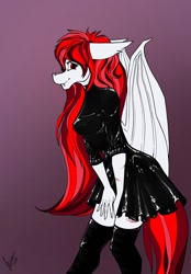 Size: 820x1180 | Tagged: safe, alternate version, artist:stirren, imported from derpibooru, oc, oc only, anthro, bat pony, bat pony oc, clothes, commission, dress, ears back, latex, latex dress, long hair, looking at you, pose, simple background, skirt, socks, solo, ych result, your character here