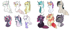 Size: 3655x1485 | Tagged: safe, artist:mayflower-mlp, imported from derpibooru, oc, oc only, oc:amethyst star, oc:cotton candy blast, oc:flower power, oc:gladus, oc:monotone, oc:onyx, oc:phoenix feather, oc:seaspray, oc:snowdrop, oc:stormbreaker, oc:winter breeze, dracony, earth pony, hippogriff, hybrid, pegasus, pony, unicorn, bust, clothes, heterochromia, interspecies offspring, magical lesbian spawn, offspring, parent:daring do, parent:discord, parent:double diamond, parent:fluttershy, parent:gilda, parent:limestone pie, parent:maud pie, parent:party favor, parent:pinkie pie, parent:rarity, parent:sassy saddles, parent:spike, parent:starlight glimmer, parent:sunset shimmer, parent:tempest shadow, parent:tree hugger, parent:vapor trail, parents:daringpie, parents:flutterhugger, parents:gildashy, parents:glimmerdiamond, parents:limecord, parents:partypie, parents:rarisaddles, parents:sparity, parents:starmaud, parents:suncord, parents:tempestcord, parents:vaporshy, scarf, simple background, transparent background