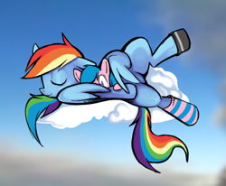Size: 1176x969 | Tagged: safe, artist:yidwags, derpibooru exclusive, imported from derpibooru, firefly, rainbow dash, pegasus, pony, clothes, cloud, lying down, mismatched socks, on a cloud, on side, plushie, sitting, sitting on a cloud, sky, sleeping, socks, solo, striped socks, wing hold, wings