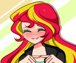 Size: 2924x2448 | Tagged: safe, artist:kittyrosie, imported from derpibooru, sunset shimmer, human, equestria girls, abstract background, blushing, bust, cute, eyes closed, fingers together, looking at you, open mouth, open smile, shimmerbetes, smiling, smiling at you, solo