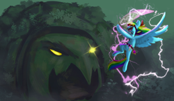 Size: 1368x800 | Tagged: safe, artist:yarugreat, imported from derpibooru, rainbow dash, turtle, beidou (genshin impact), bubble, clothes, cosplay, costume, eyepatch, feather, female, flowing mane, genshin impact, glowing, lightning, mare, ocean, open mouth, solo, spread wings, storm, sword, tabun art-battle, teeth, underwater, water, weapon, wings, yellow eyes