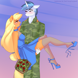 Size: 3000x3000 | Tagged: safe, artist:xjenn9, imported from derpibooru, applejack, shining armor, anthro, earth pony, unicorn, bridal carry, camouflage, carrying, clothes, commission, dress, female, high heels, infidelity, infidelity armor, male, shiningjack, shipping, shoe dangling, shoes, socks, straight, thigh highs, tomboy taming