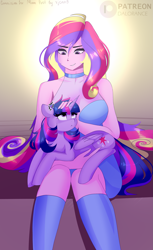 Size: 1779x2916 | Tagged: safe, artist:xjenn9, imported from derpibooru, princess cadance, twilight sparkle, alicorn, human, pony, equestria girls, breasts, choker, clothes, commission, cross-popping veins, dean cadance, duo, duo female, female, holding a pony, horn, looking at each other, looking at someone, mare, see-through, smol, socks, thigh highs, twilight sparkle (alicorn), wings