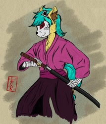 Size: 668x782 | Tagged: safe, artist:levinerex, imported from derpibooru, oc, oc only, oc:karoline skies, anthro, clothes, ear fluff, katana, kimono (clothing), kitsune, sword, weapon