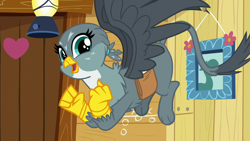 Size: 1280x720 | Tagged: safe, imported from derpibooru, screencap, gabby, griffon, season 6, the fault in our cutie marks, clubhouse, crusaders clubhouse, cute, female, gabbybetes, happy, solo, spread wings, wings