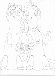 Size: 2550x3508 | Tagged: safe, artist:meanlucario, imported from derpibooru, princess cadance, princess flurry heart, shining armor, alicorn, pony, unicorn, canterlot wedding 10th anniversary, father and child, father and daughter, female, husband and wife, male, mother and child, mother and daughter, sitting, traditional art