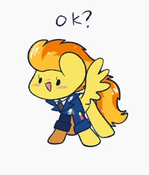Size: 771x906 | Tagged: safe, artist:typhwosion, imported from derpibooru, spitfire, pegasus, pony, blushing, clothes, cute, cutefire, dot eyes, female, mare, ok, open mouth, positive ponies, shirt, simple background, solo, uniform, white background, wonderbolts dress uniform