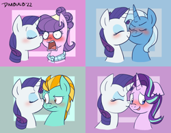 Size: 1798x1399 | Tagged: safe, artist:dimbulb, imported from derpibooru, lightning dust, rarity, starlight glimmer, suri polomare, trixie, earth pony, pegasus, pony, unicorn, blushing, cheek kiss, female, kissing, lesbian, proud, raridust, rarity gets all the mares, rarixie, shipping, smug, starity, surity, varying degrees of want