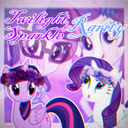 Size: 1024x1024 | Tagged: safe, artist:miss-sweeten443, imported from derpibooru, rarity, sci-twi, twilight sparkle, alicorn, human, pony, unicorn, equestria girls, clothes, duo, female, floral head wreath, flower, glasses, lesbian, open mouth, rarilight, shipping, shirt, twilight sparkle (alicorn)