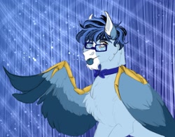 Size: 2877x2253 | Tagged: safe, artist:inisealga, imported from derpibooru, oc, oc only, oc:soaring spirit, pegasus, pony, abstract background, armor, bowtie, cheek fluff, chest fluff, coat markings, colored tongue, colored wings, facial markings, folded wings, glasses, gradient background, male, mlem, multicolored hair, multicolored mane, multicolored wings, neck fluff, one eye closed, pegasus oc, silly, solo, spread wings, stallion, tongue out, wing armor, wing brace, wings, wink