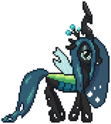 Size: 624x696 | Tagged: safe, artist:nitobit, derpibooru exclusive, imported from derpibooru, queen chrysalis, changeling, changeling queen, canterlot wedding 10th anniversary, crown, fangs, female, jewelry, pixel art, regalia, simple background, solo, transparent background